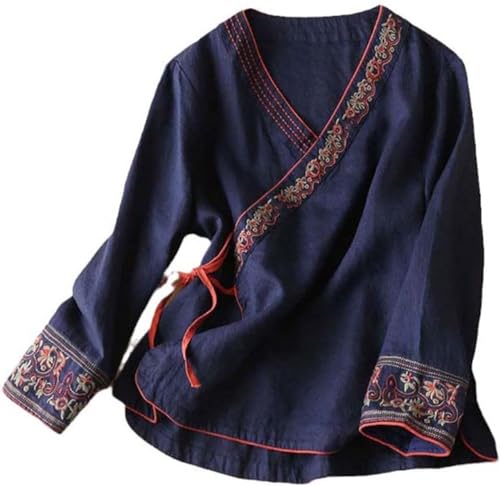 DSAoTeng Chemise traditionnelle chinoise vintage à manches longues pour femme Hanfu Tang Costume brodé Vêtements zen, bleu marine, L