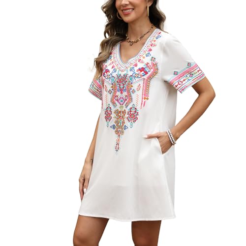 Image of Grosy Fiesta Embroidered Mexican Dress for Women Beach Vacation Plus Size Short Sleeve Summer Boho Dresses with Pocket