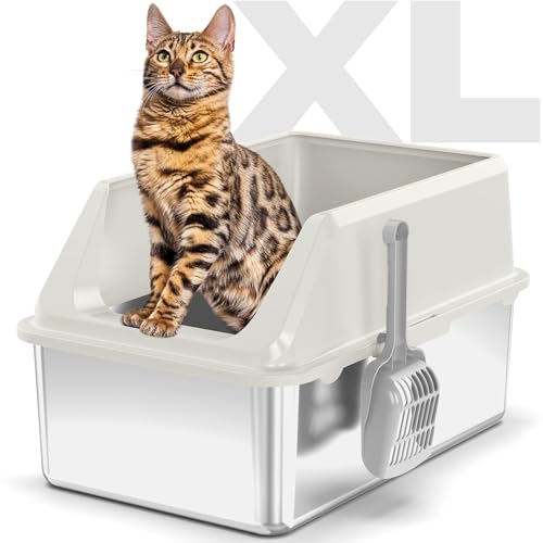 Caja de arena para gatos de acero inoxidable: Voluas XL grande de metal de lado alto, nunca absorbe olores, antifugas de orina, fácil limpieza, color blanco crema