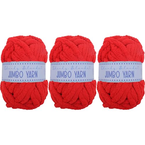 Image of 3 Pack ThreadArt Chunky Chenille Yarn for Hand Knitting, Jumbo, Red | Soft jumbo chenille yarn for hand knit and crochet. Make blankets, plushies & crochet projects. DIY quick projects.