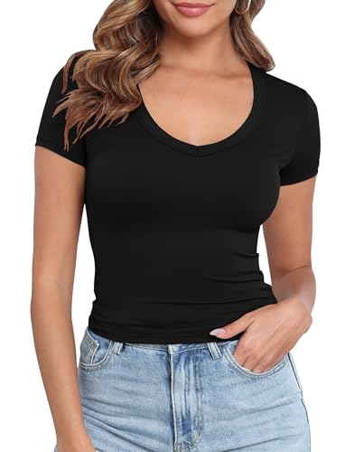 PALINDA V Neck Slim Fitted Shirts for Women Basic Casual Short Sleeve T Shirts Going Out Tops Sexy Y2K Tees