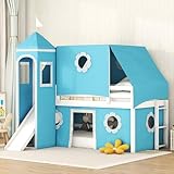 Merax Twin Over Twin Bunk Bed with Slide Blue Tent and Tower,Castle Shape Wood Bunk for Boys and Girls,Blue