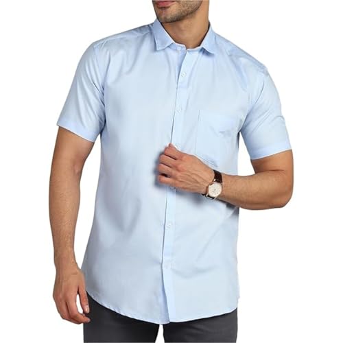 Image of MILDIN Men's Cotton Blend Solid Shirt with Spread Collared Half Sleeve Curved Hemline Button Closure Regular Fit and One Pocket | Half Sleeve Shirt for Men
