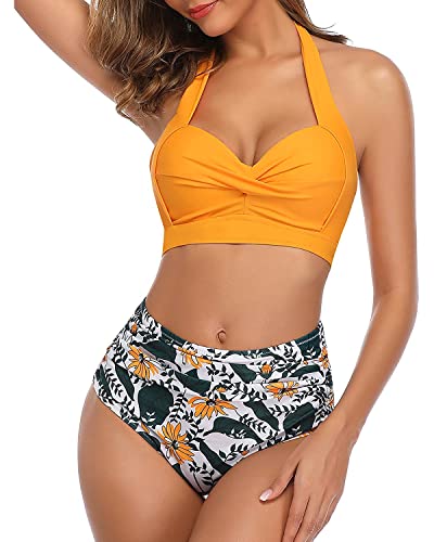 Tempt Me Women Vintage Swimsuits Yellow Retro Halter Ruched High Waist Bikini with Bottom M - Image 4
