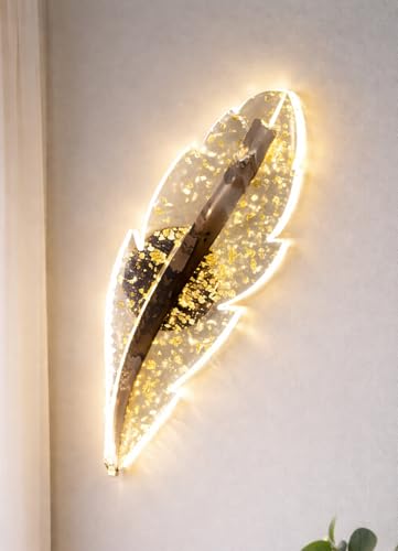 Image of SINOMAN Inbuilt LED Led Feather Wall Light Golden Leaf Design 3 Step Adjustable Color Changing Stylish Decorative Ambient Lighting Perfect for Living Room, Bedroom, Balcony, Cafe, Home Decoration