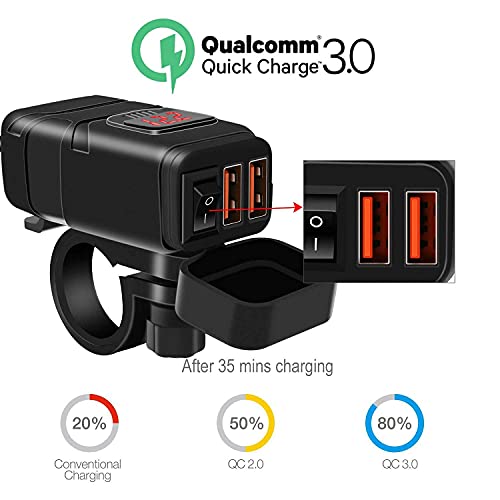 Image of Motorcycle USB Phone Charger, Waterproof 6.8A Dual Port QC3.0 Fast Charging, SAE USB Adapter, Voltmeter ON /Off Switch & Fuse for Phone,Tablet, Camera,GPS. (7 /8inch Handlebar, Red)