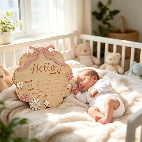 Hello World Wooden Baby Birth Announcement Sign with Pink Bow, Cloud Shape Floral Newborn Name Date Time Weight Length Board, Newborn Girls Boys Photo Prop (Pink) — view 4