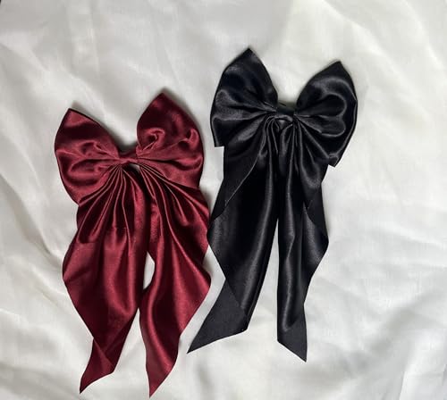 Image of 2 Pack Black and Red Hair Bows - Bow Clips for Women and Girls - Luxury Silky Satin Hair Accessories - Cute Clips for Girls