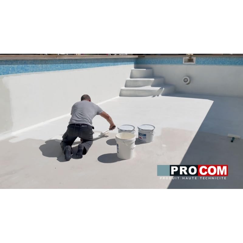 PRO COM Peinture piscine béton, peinture polyuréthane pour piscine et bassin, étanche et souple, béton, enduit, ciment 2.5 litres