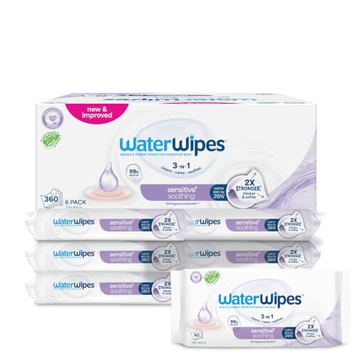 Image of WaterWipes Sensitive+ Soothing Wipes, 3-In-1 Cleans, Cares, Soothes, 99% Water with Botanical Extract, Unscented & Hypoallergenic Baby Wipes, 360 Count (6 Packs)