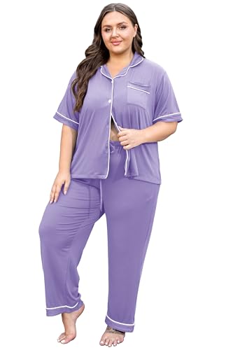 Image of Vozanet Women's Plus Size Pajamas Button Down Shirt and Pants Soft Lounge Sets Bride Nighty Bottom with Pockets 1x to 5x