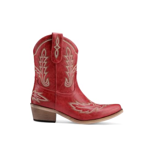 Image of Rhinestone Ankle Cowboy Boots for Women Embroidered Short Cowgirl Boots with Low Heel Side Zipper Comfortable Chunky Heel Western Booties for Prom Party Wedding Pull On Shoes