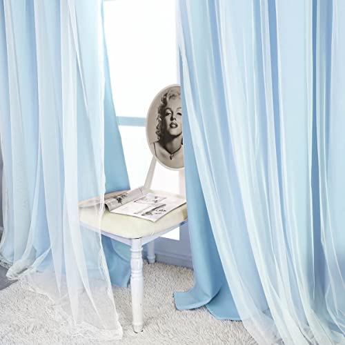 Image of Extra Long Light Blue Blackout Double Layers Curtains Set, Mix & Match Elegance Blue with White Crushed Voile Drapes for Living Room with tie-backs, Nursery, Kids' room, Bedroom, 52'' x108''