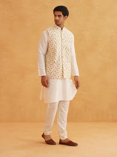 Image of SOJANYA (Since 1958 Men's Cotton Linen Maroon Kurta and White Pyjama with Mustard Cotton Nehru Jacket