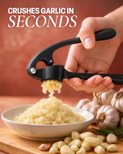 Image of Zulay Kitchen Premium Garlic Press Set - Rust Proof Professional Garlic Mincer Tool - Easy-Squeeze, Easy-Clean with Soft, Ergonomic Handle - Silicone Garlic Peeler & Brush (Black)