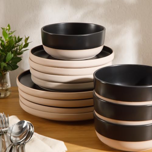 Image of Gibson Home Plates and Bowls Set, 12 Piece Dinnerware Set for 4, Black