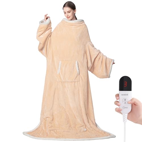 Wearable Electric Blanket with Foot Pocket and Sleeves, Heating Throw Blanket, 6 Heating Levels & Auto Shut Off, Machine Washable (Long, Beige)