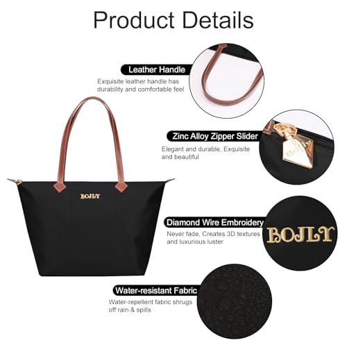 BOJLY Tote Bag Groß Shopper Tasche Damen, Leichte Faltbare Handtasche, Wasserdichte Nylon Schultertasche Damen mit Reißverschluss für Arbeit, Schule, Einkauf, Reisen (Schwarz)