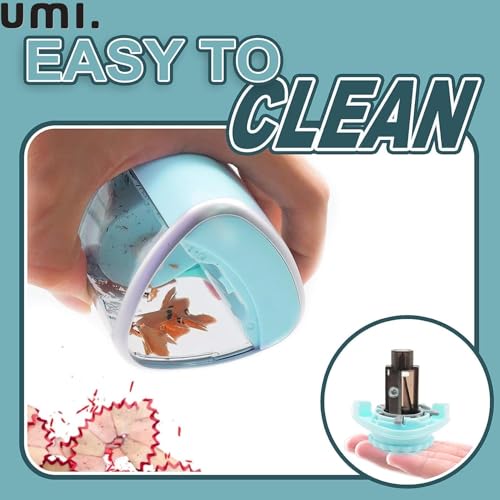Image of Amazon Brand - Umi Electric Pencil Sharpener, Portable Battery-Powered Sharpener with Transparent Shavings Box, Fits 6-8mm Pencils, Dual Automatic & Manual Modes for School, Office, Home Use (Blue)