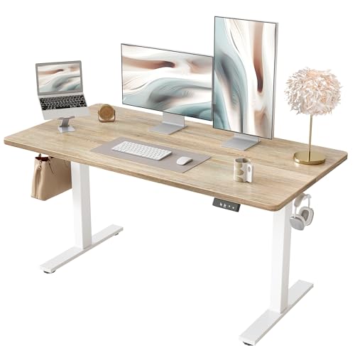 Image of TIQLAB 55 * 28 Inches Standing Desk, Adjustable Height Stand up Desk,Sit Stand Home Office Table with Splice Board, Maple