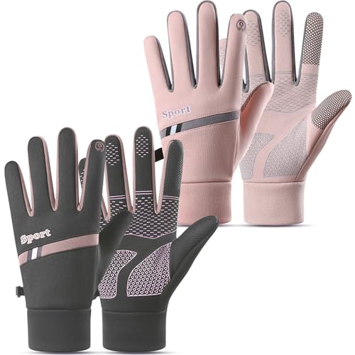 Mayoii 2Pairs Waterproof Cycling Gloves for Women, Warm Winter Running Gloves for Biking/Cycling/Rugby/Running/Football/Mountain/Hiking (Pink*Grey)
