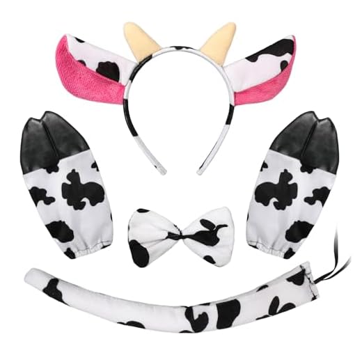 5PCS Accesorios de Disfraz de Vaca, Diadema de Orejas de Vaca Pajarita Guantes de Pata y Cola, Disfraz de Animal para Niños y Adultos para Halloween Carnaval Cosplay Cumpleaños Día Mundial del Libro