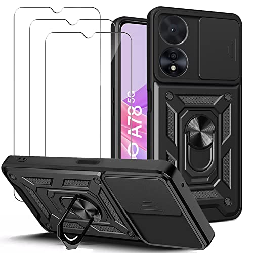 KUSINHOKA Funda para OPPO A78 5G con Protección de Cámara Cubierta y Soporte de Anillo + [3 Pack] Cristal Templado, [Antigolpes Grado Militar] [Anti-arañazos] Protectora Carcasa Funda, Negro