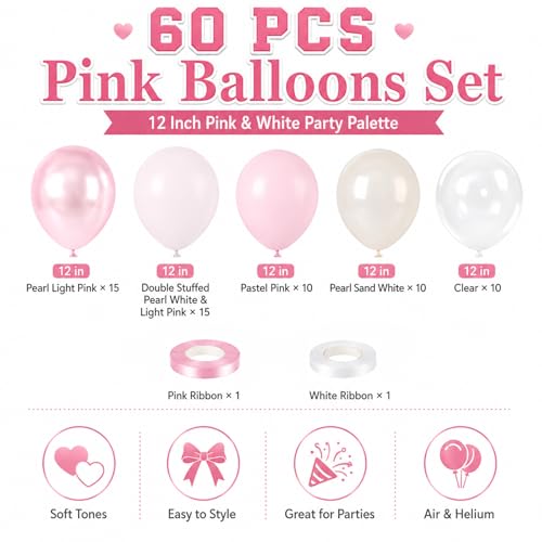 Image of Pink Balloons, 60Pcs Pink and White Balloon, 12 Inch Latex Pastel Pink Balloons Helium for Women Girls Birthday Baby Shower Bridal Shower Gender Reveal Romantic Wedding Engagement Party Decorations