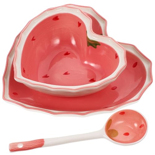 Abaodam 再利用可能な食器 ハート型イチゴ柄サラダボウル スプーン プレート かわいいデザイン フルーツ デザート スナック用 家用キッチン