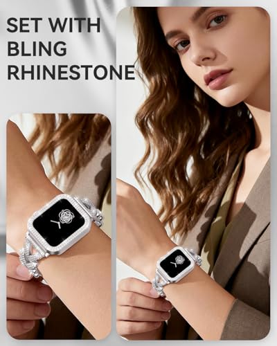 Image of Rhinestones Encrusted Metal Bracelet and Case, Compatible with Apple Watch Bands 38mm-49mm (Series 11 /1 /SE /Ultra 2)- Bling Gold Women's Jewelry Strap, Luxury iWatch Bracelet with Screen Protector