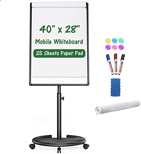 Mobile Whiteboard, Magnetic Dry Erase Board with Stand 40x28 inch, Height Adjustable Flipchart Easel Movable Rolling Stand White Board on Wheels with Dry Erase Markers, Magnets, Eraser (Black)
