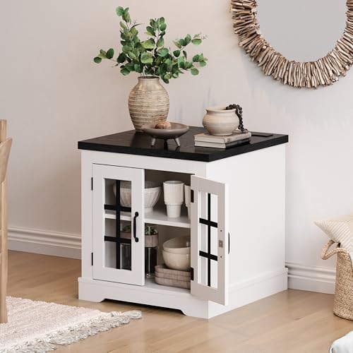 Wood Buffet Cabinet with Storage, Farmhouse Sideboard Cabinet, Small Kitchen Storage Cabinet & Bar Cabinet with Glass Doors, Built-in Power Outlet, Walnut Top Sideboard for Coffee Bar, Dining Room — view 4