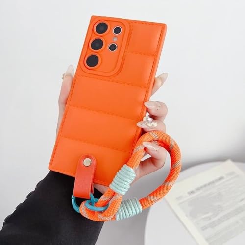 Coque Samsung S25 Ultra et S24 antichoc en duvet 3D orange texturé haute couture et dragonne