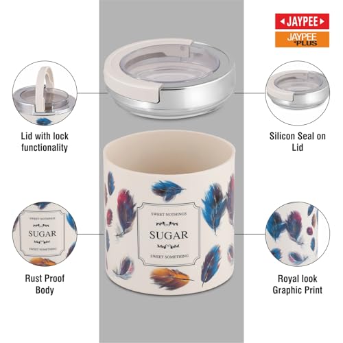 Image of Jaypee Plus Classique 2 Tea Coffee Sugar Storage Container Set 750 ml Airtight Plastic canisters Tea containers for kitchen | Silicon rubber lock Stackable glossy finish transparent Lid, Ivory Multi