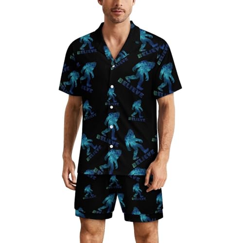Bigfoot Sasquatch Believe Men‘s Short Sleeve Sleepwear Funny Pajamas Sets Button Down Shirts and Bottom Shorts Loungewear