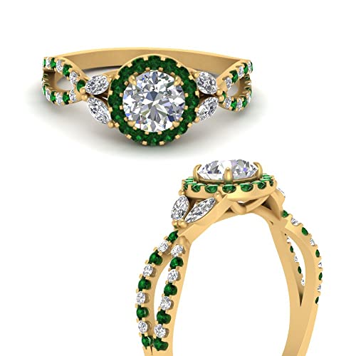Image of Choose Your Gemstone Floral Split Shank Halo Engagement Ring Yellow Gold Plated Round Shape Split Shank Engagement Ring Lightweight Office Wear Everyday Gift Jewelry US Size 4 to 12