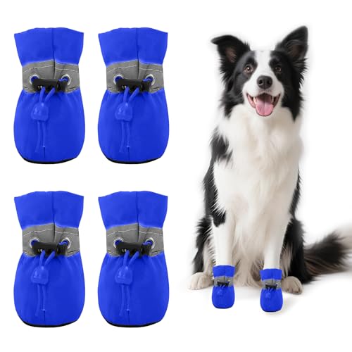 4 PCS Hundeschuhe Sommer, Hundeschuhe Pfotenschutz, Pfotenschutz für Hunde, Ausgestattet mit Reflektierendem Band, Geeignet für Den Lnnen- und Außenbereich, Atmungsaktiv und Verschleißfest/Blau 2