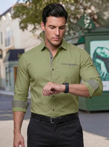 Image of Men's Cotton Blend Shirt with Solid Long Sleeves Spread Coller Neck Regular Fit Single Chest Pocket and Standard Length | Cotton Casual Shirt for Man