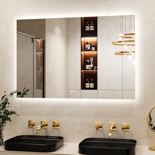 Keonjinn Badspiegel mit Beleuchtung Rechteckig 120x80cm Badezimmerspiegel mit Beschlagfrei Touch Schalter Speicherfunktion 3 Lichtfarben Dimmbarer LED Bad Spiegel Ohne Rahmen Badezimmer Wandspiegel