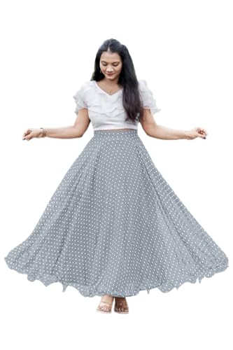 Image of Classic Flared Long Floor Length Georgette Skirt for Women /Girls and Lycra Crop-Top Set || Polka Dot Skirt || Elegent Design || Drawstring Band