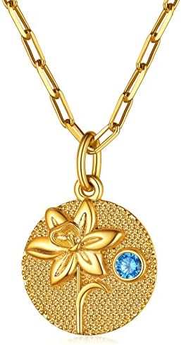 FOCALOOK Vintage Birthstone Necklace for Women Sterling Silver/Gold Plated Birth Flower Pendant Cubic Zirconia Jewellery Personalised Birthday Gifts Valentines Day Gift for Her