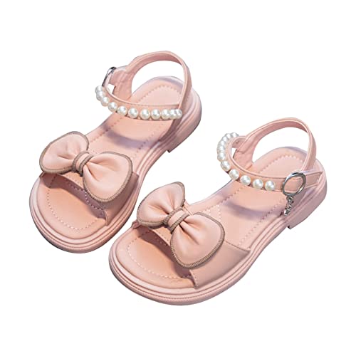 Kids Girls Open Toe Strappy Dress Casual Flat Solid Drawstring Rome Sandals Pearl Bow Ankle Princess Shoes