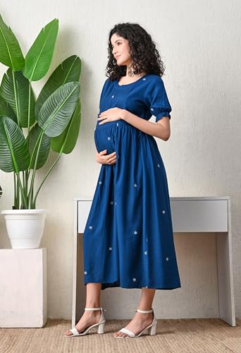 Image of Ichaa Women's Aqua Rayon Printed Maternity Dress with Feeding Zips and Pocket, in Plus Sizes