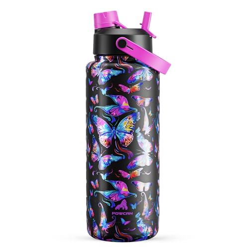 Image of POWCAN 40 oz Insulated Water Bottle with 2-in-1 Straw and Spout Lid, Keep Cold 24H, Leak-Proof, BPA-Free, Double Wall Stainless Steel Water Bottle for Sports, Gym, Travel, and School (Butterfly Waltz)