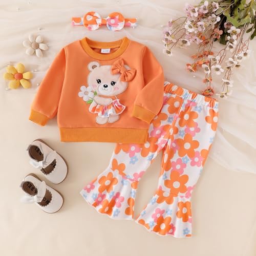 Image of Baby Girl Clothes Fall Winter Long Sleeve Bear Cartoon Sweatshirt Flare Pants Bow Headband Set 6 Months-4 Years Old