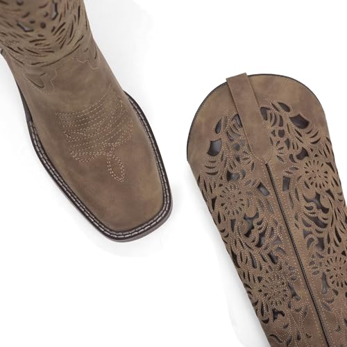 Cowboy boots for women knee high Boots Cut Out Floral Embroidered Low Block Heel Pull On Cowgirl Boots Square Toe Tall Western Boots3
