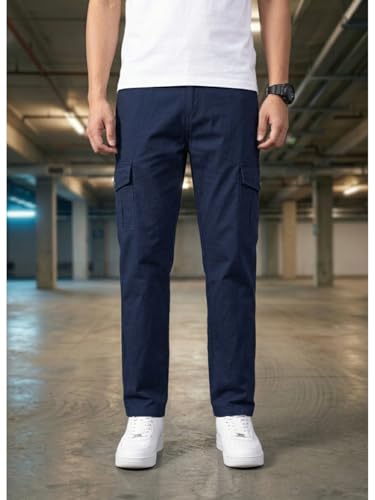 Image of Men's Cargo Trousers-100% Premium Cotton Regular Fit Lightweight Breathable Elastic Waist Multi-Pocket Casual Utility Pants