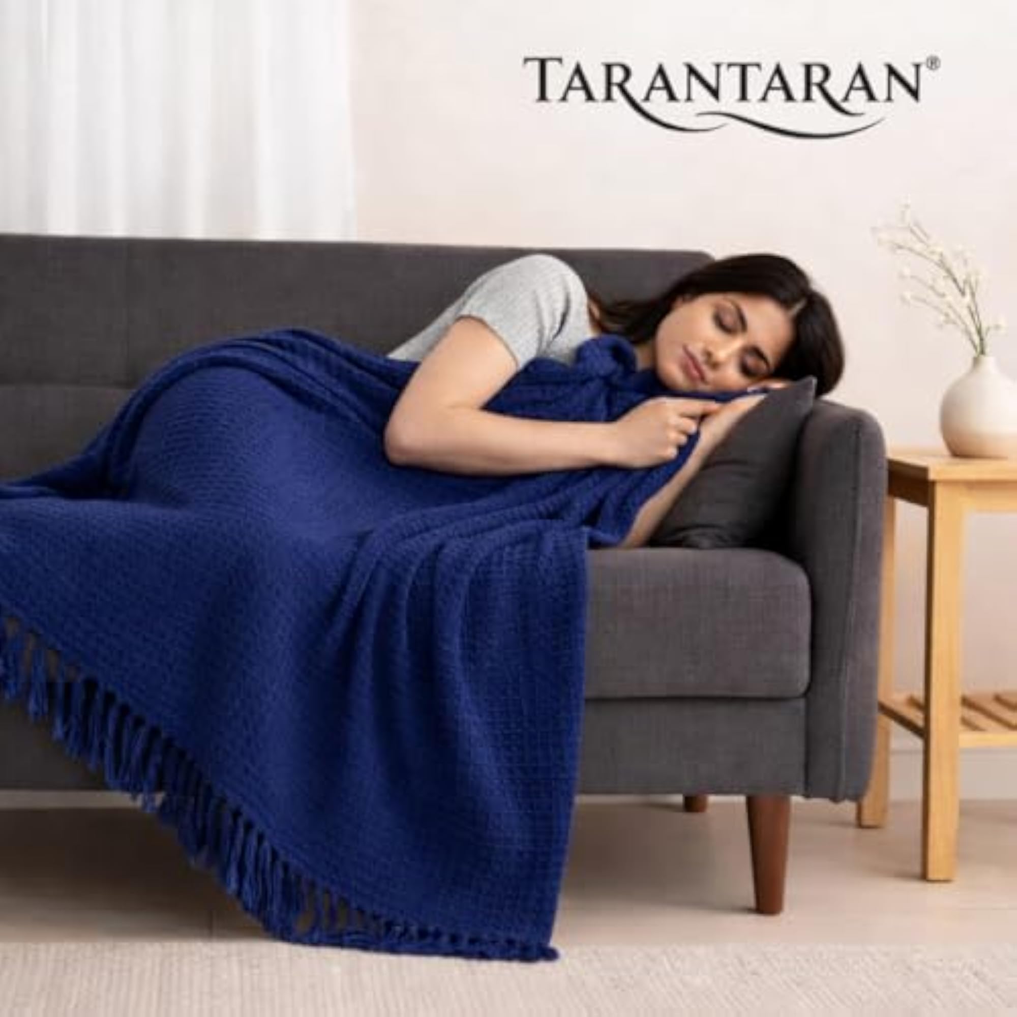 Soft Blue Waffle Weave Cotton Throw Blanket with Tassels