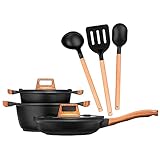 🔥【APTA TODO TIPO DE COCINAS】El Set de ollas son Aptas para todo tipo de cocinas, vitrocerámicas, gas, eléctrica, inducción. Sartén con mango de baquelita soft touch imitación madera muy ergonómico. Fáciles de mantener aptas para limpieza en lavavajillas.