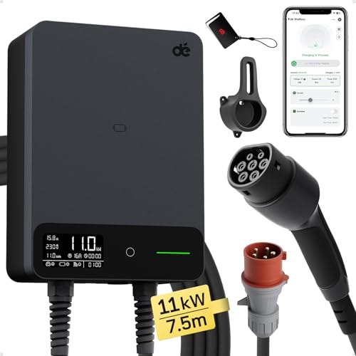 dé Typ 2 Wallbox 11kW mit APP und RFID, 6-16A 3-Phasen EV-Ladegerät 400V mit 7,5m Ladekabel und Kabelhalter für BEV/PHEV, RCD Typ-B & IP54-Schutz, effiziente Ladestation für Zuhause, schwarz